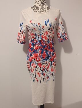 White Floral Midi Dress with Red and Blue Print